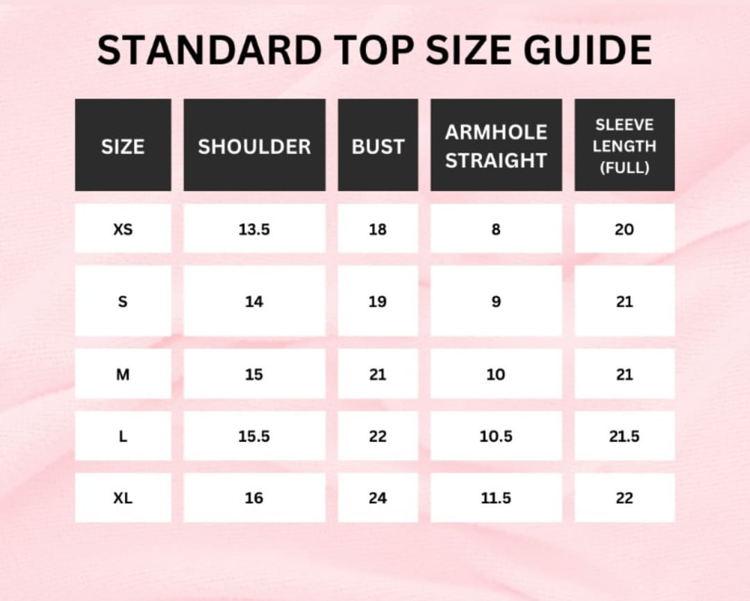 Stitched Size Chart